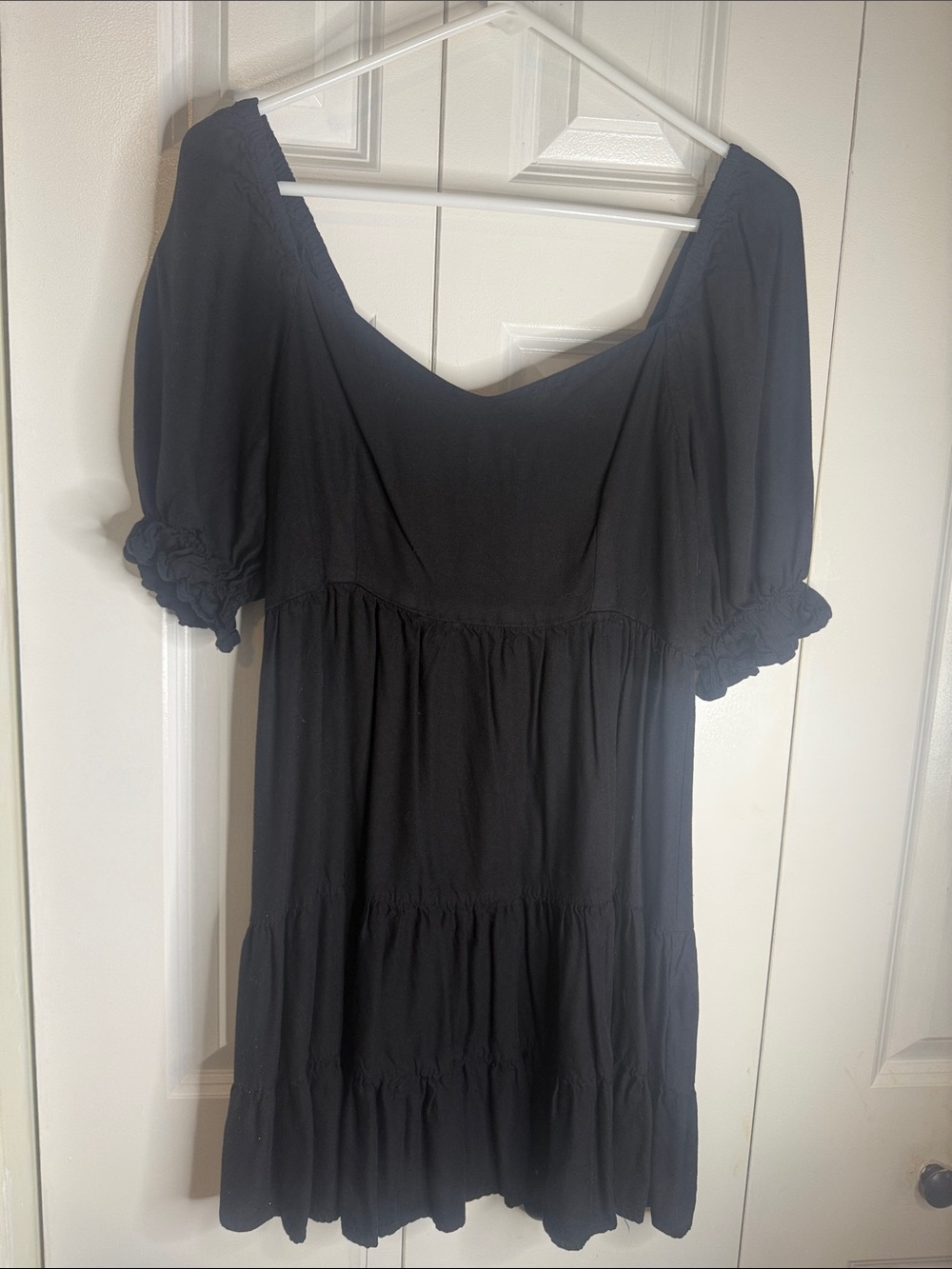 Black Puff-Sleeve Tunic Top with Square Neck